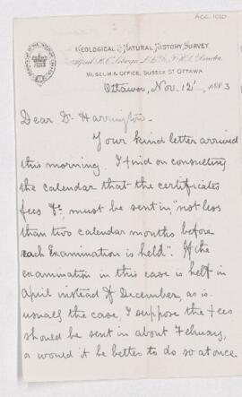 Letter from Frank Adams to B.J. Harrington, written from Ottawa.