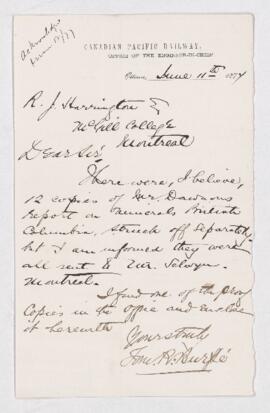 Letter from T.R. Burpe to B.J. Harrington.