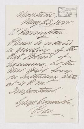 Letter from George Cormish to B.J. Harrington, written from Montreal.