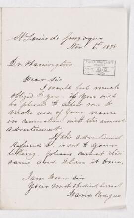 Letter from David Rodgers to B.J. Harrington, written fron St. Louis de Gonzague.