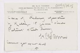 Letter from H.C. Yarrow on kidney operation