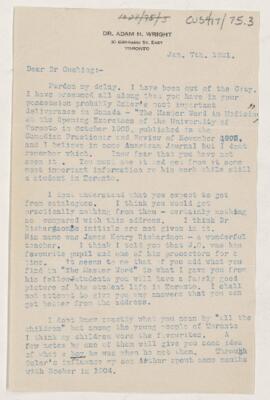 Letter to Harvey Cushing, January 7, 1921