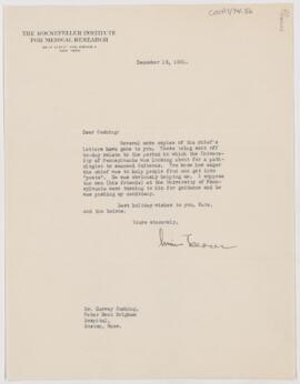 Letter to Harvey Cushing, December 15, 1921