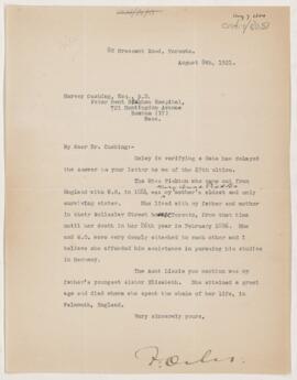 Letter to Harvey Cushing, August 8, 1821