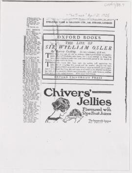 Advertisement for "The Life of Sir William Osler"