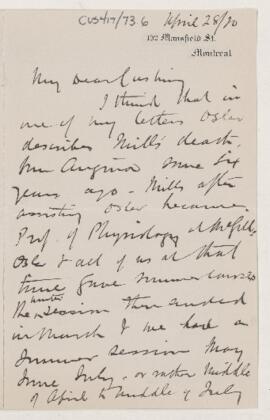 Letter to Harvey Cushing, April 28, 1920