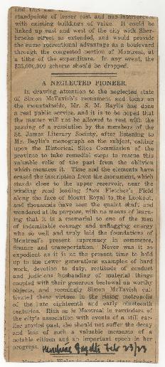 Newspaper clippings on McTavish monument and tomb